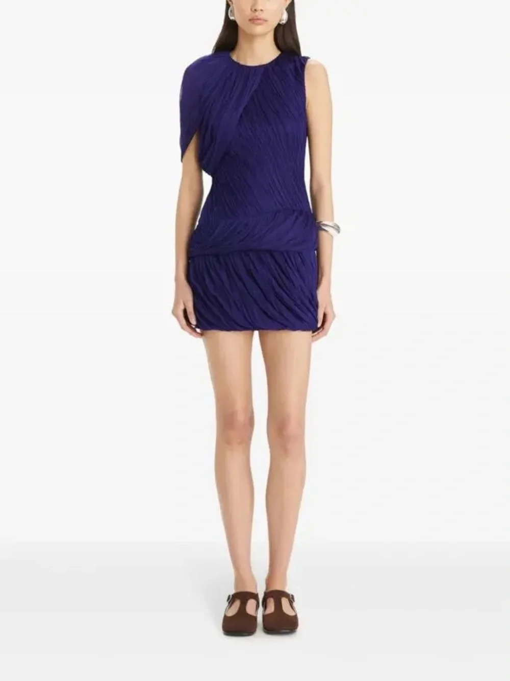 NWT $2298 Tory Burch One-sleeve Draped Silk-plissé Mini Dress In Purple